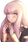  1girl closed_mouth cookie eating fire_emblem fire_emblem:_three_houses food food_on_face garreg_mach_monastery_uniform highres long_hair long_sleeves lysithea_von_ordelia pink_eyes simple_background solo umeumeumestar uniform upper_body white_background white_hair 