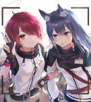  2girls animal_ear_fluff animal_ears arknights bangs black_gloves black_hair brown_eyes commentary_request ear_piercing exusiai_(arknights) eyebrows_visible_through_hair fingerless_gloves gloves hair_between_eyes hair_over_one_eye halo hand_up highres jacket locked_arms long_hair looking_at_viewer multiple_girls omelet_tomato parted_lips piercing redhead smile texas_(arknights) white_jacket 