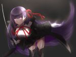  1girl aito bb_(fate)_(all) bb_(fate/extra_ccc) black_legwear breasts closed_mouth commentary fate/grand_order fate_(series) gloves hair_ribbon large_breasts long_hair long_sleeves looking_at_viewer purple_hair red_ribbon ribbon simple_background smile solo thigh-highs very_long_hair violet_eyes white_gloves 