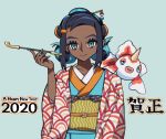  1girl 2020 alternate_hairstyle black_hair blue_background blue_eyes blue_eyeshadow blue_hair blue_kimono blue_nails dark_skin double_bun eyelashes floating gen_1_pokemon goldeen gratin_gratin hair_bun hair_ornament hair_stick hair_up haori happy_new_year highres holding holding_pipe japanese_clothes kimono kiseru long_hair looking_at_viewer multicolored_hair new_year obi pipe pokemon pokemon_(creature) pokemon_(game) pokemon_swsh rurina_(pokemon) sash simple_background solo two-tone_hair 