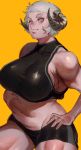  1girl absurdres belly belly_grab bike_shorts black_bra bra breasts commentary_request curvy densen_(itoguchi) eyeliner highres horns huge_breasts looking_at_viewer makeup muffin_top muscle muscular_female navel nose orange_background original pink_eyes sheep_horns short_hair short_shorts shorts sideboob silver_hair sleeveless solo sports_bra taut_clothes thick_eyebrows thick_thighs thighs underwear very_short_hair 