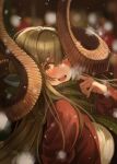 159cm 1girl :d adjusting_scarf blurry blurry_background blush breasts brown_horns coat curled_horns glan_(159cm) green_hair green_scarf hand_up highres horns large_breasts long_hair long_sleeves original outdoors plaid plaid_scarf red_coat scarf smile snow snowing upper_body yellow_eyes 