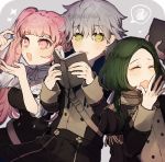  1girl 2boys ashe_ubert belt book closed_eyes epaulettes fire_emblem fire_emblem:_three_houses garreg_mach_monastery_uniform green_hair grey_hair hilda_valentine_goneril holding holding_book linhardt_von_hevring long_hair long_sleeves multiple_boys nemui_468 open_book open_mouth pink_hair short_hair twintails uniform 