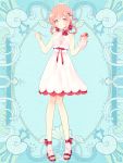  1girl blue_background bow dress food food_themed_hair_ornament fruit full_body hair_ornament hair_rings holding holding_spoon kerberos_blade l_(matador) light_brown_hair looking_at_viewer pink_footwear red_bow red_eyes red_ribbon ribbon ribbon-trimmed_clothes ribbon_trim sandals simple_background smile solo spoon standing strawberry strawberry_hair_ornament white_dress 