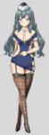  1girl bangs bare_shoulders black_legwear blue_headwear breasts commentary_request eyebrows_visible_through_hair flight_attendant green_hair hat long_hair looking_at_viewer medium_breasts original simple_background solo thigh-highs tyone white_background white_headwear 