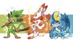  blue_eyes brown_eyes claws commentary creature english_commentary full_body gen_8_pokemon grin grookey holding holding_weapon lanmana looking_at_viewer monkey no_humans orange_eyes pokemon pokemon_(creature) rabbit scorbunny smile sobble standing weapon 