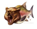  animal artist_name bear black_eyes commentary_request fangs fish full_body fusion golden_boden open_mouth original salmon sharp_teeth signature simple_background teeth what white_background 