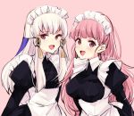  2girls earrings fire_emblem fire_emblem:_three_houses hair_down hair_ornament hilda_valentine_goneril jewelry long_hair lysithea_von_ordelia maid maid_headdress multiple_girls naho_(pi988y) open_mouth pink_background pink_eyes pink_hair simple_background twitter_username upper_body white_hair 