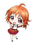  1girl :d ahoge arm_up bangs black_bow black_footwear blush bow braid chibi collared_shirt dress_shirt eyebrows_visible_through_hair full_body hair_bow kuena loafers long_hair looking_at_viewer love_live! love_live!_sunshine!! necktie open_mouth orange_hair outstretched_arm plaid_neckwear red_eyes red_neckwear red_skirt shirt shoes short_sleeves simple_background skirt smile socks solo takami_chika white_background white_legwear white_shirt 