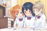  3girls blue_eyes blue_hair blue_neckwear blush book bow bowtie commentary_request dress_shirt eichisu grey_hair hair_bow holding holding_pencil kousaka_honoka long_hair long_sleeves looking_at_another love_live! love_live!_school_idol_project mechanical_pencil minami_kotori multiple_girls notebook one_side_up orange_hair otonokizaka_school_uniform pencil sandwiched school_uniform shirt sitting sonoda_umi striped striped_neckwear studying table white_shirt yellow_eyes 