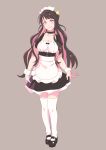  1girl alternate_costume apron black_choker black_dress black_hair choker dress enmaided fang full_body grey_background highres kantai_collection long_hair looking_at_viewer maid maid_headdress mary_janes multicolored_hair naganami_(kantai_collection) pink_hair shoes simple_background solo thigh-highs two-tone_hair wavy_hair white_apron white_legwear wrist_cuffs yuuji_(and) 