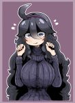  1girl ahoge al_bhed_eyes alternate_breast_size breasts dress hairband hex_maniac_(pokemon) highres large_breasts long_hair messy_hair pokemon purple_background ribbed_sweater solo sweater tagme tazonotanbo 