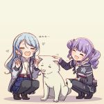  2girls :d =_= ^_^ animal aqua_hair arm_belt ayasaka bang_dream! belt black_bow black_footwear black_jacket black_legwear black_skirt blue_skirt bow closed_eyes collar collared_shirt commentary_request dog fur-trimmed_sleeves fur_trim grey_jacket hair_bow hand_on_lap hands_up heart heart-shaped_mouth hikawa_sayo jacket jewelry long_hair miniskirt multiple_girls open_mouth pantyhose paw_print pendant petting pleated_skirt purple_hair shirt shoes sidelocks skirt smile squatting star star_print tan_background twintails udagawa_ako white_shirt 