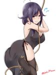  1girl alternate_costume ass black_dress black_legwear blush breasts china_dress chinese_clothes dress eyebrows_visible_through_hair hair_between_eyes hair_flaps hair_ornament highres kantai_collection large_breasts long_hair looking_at_viewer no_shoes purple_hair red_eyes saku_(kudrove) simple_background soles solo taigei_(kantai_collection) thigh-highs thighs white_background 