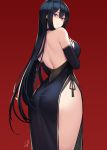  1girl :o ass bangs bare_hips bare_shoulders black_dress black_gloves black_hair black_ribbon breasts dress elbow_gloves from_behind gloves hayabusa highres long_hair looking_at_viewer looking_back medium_breasts mole mole_under_eye mole_under_mouth original parted_lips pelvic_curtain red_background ribbon shaded_face signature simple_background solo thighs very_long_hair violet_eyes 