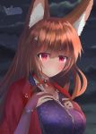  absurdres al_ryude amagi_(azur_lane) animal_ears azur_lane breasts brown_hair dress fingerless_gloves fox_ears gloves highres japanese_clothes kimono large_breasts long_hair red_dress red_eyes yandere 