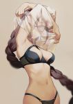 1girl arms_up beige_background bra breasts brown_hair consort_yu_(fate) expressionless fate/grand_order fate_(series) glasses highres lingerie long_braid long_hair looking_at_viewer medium_breasts navel panties red_eyes salmon88 see-through simple_background solo underwear undressing very_long_hair 