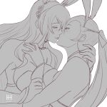 animal_ears arm_grab breasts bunny_girl bunnysuit camilla_(fire_emblem) fake_animal_ears fire_emblem fire_emblem_fates fire_emblem_heroes greyscale half-closed_eyes hand_behind_head hand_on_another&#039;s_chest headband highres ihsnet kagero_(fire_emblem) kiss large_breasts monochrome rabbit_ears simple_background watermark white_background yuri 