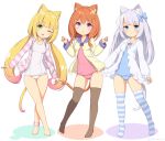  3girls animal_ears anklet aqua_eyes blonde_hair blue_swimsuit blush_stickers breasts cat_ears eyebrows_visible_through_hair green_eyes hair_ornament heart heart_hair_ornament jacket jewelry light_blue_hair long_hair long_sleeves looking_at_viewer multiple_girls one-piece_swimsuit one_eye_closed open_clothes open_jacket orange_hair original pink_swimsuit sasaame school_swimsuit short_hair small_breasts striped striped_legwear swimsuit thigh-highs twintails violet_eyes white_swimsuit 