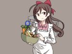  1girl adrian_ferrer basket brown_hair carrot commentary cowboy_shot english_commentary flat_chest flower grey_background hair_ornament hair_ribbon hairclip kantai_collection kappougi long_hair looking_at_viewer machinery mamiya_(kantai_collection) onion red_eyes ribbon simple_background smile solo 