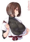  1girl black_shirt blush breasts brown_eyes brown_hair cropped_torso ebifurya eyebrows_visible_through_hair hair_between_eyes highres hyuuga_(kantai_collection) japanese_clothes kantai_collection large_breasts looking_at_viewer nontraditional_miko remodel_(kantai_collection) shirt short_hair simple_background solo twitter_username undershirt white_background 