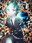  1other amputee androgynous aqua_eyes aqua_hair black_neckwear collared_shirt gem_uniform_(houseki_no_kuni) highres houseki_no_kuni ierotak necktie phosphophyllite shirt skirt solo sparkle white_shirt white_skirt 