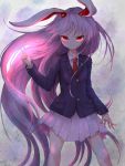  1girl animal_ears arm_up black_jacket blazer buttons glowing glowing_eyes highres index_finger_raised jacket kayon_(touzoku) long_hair necktie pink_skirt purple_hair rabbit_ears red_eyes red_neckwear reisen_udongein_inaba shirt skirt solo touhou very_long_hair white_shirt 