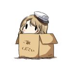  1girl box cardboard_box dated hat hatsuzuki_527 houston_(kantai_collection) in_box in_container kantai_collection light_brown_hair long_hair peaked_cap simple_background solid_oval_eyes solo translation_request twitter_username white_background white_headwear 