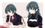  1boy 1girl blue_eyes blue_hair bowl brother_and_sister byleth_(fire_emblem) byleth_eisner_(female) byleth_eisner_(male) byleth_eisner_(female) byleth_eisner_(male) chopsticks closed_eyes eating fire_emblem fire_emblem:_three_houses fire_emblem:_three_houses fire_emblem_16 food holding holding_chopsticks intelligent_systems naho_(pi988y) nintendo noodles ramen short_hair short_sleeves siblings simple_background twitter_username upper_body 