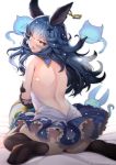  1girl animal_ears arched_back ass back backless_dress backless_outfit bangs biting_hair black_gloves black_legwear black_panties blue_hair blush dress erune eyebrows_visible_through_hair ferry_(granblue_fantasy) floating_hair foreshortening from_behind ghost gloves granblue_fantasy hair_between_eyes hair_intakes hair_ornament hand_on_own_arm highres jewelry long_hair looking_at_viewer looking_back migumigu no_shoes open_mouth panties petticoat shoulder_blades simple_background single_earring sitting sleeveless sleeveless_dress thigh-highs tongue underwear wariza white_background x_hair_ornament yellow_eyes 