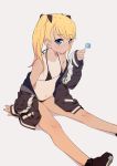  1girl bikini black_bikini blonde_hair blue_eyes blush breasts candy character_request copyright_request flat_chest food lollipop long_hair looking_at_viewer sepia_background shoes simple_background sitting sneakers solo swimsuit twintails 
