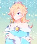  1girl blonde_hair blue_background blue_dress blue_eyes closed_mouth collarbone crossed_arms dress earrings hair_over_one_eye holding holding_wand indisk_irio jewelry long_hair long_sleeves looking_to_the_side super_mario_bros. off-shoulder_dress off_shoulder rosalina shiny shiny_hair solo super_mario_galaxy upper_body wand 