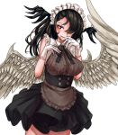  1girl alternate_costume black_hair black_neckwear black_skirt blood breasts enmaided feathered_wings hair_over_one_eye highres large_breasts maid maid_headdress original red_eyes simple_background sketch skirt solo standing tibaya8 white_background white_wings wings 