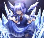  1girl bangs blue_bow blue_dress blue_eyes blue_hair bow cirno closed_mouth collared_shirt dress eyebrows_visible_through_hair hair_between_eyes hair_bow highres ice long_dress looking_at_viewer mozuno_(mozya_7) neck_ribbon pinafore_dress red_ribbon ribbon shiny shiny_hair shirt short_hair short_sleeves skirt_hold smile solo standing tied_hair touhou wading white_shirt wing_collar 