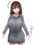  1girl ahoge bangs blue_eyes blush breasts brown_hair clothes_writing collarbone grey_sweater hair_between_eyes highres large_breasts long_hair long_sleeves looking_at_viewer oekakizuki open_mouth original pajamas_challenge simple_background solo sweater thighs translation_request white_background 