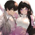  1boy 1girl 3: artist_logo bangs belt belt_buckle black_hair blunt_bangs breasts brown_coat buckle chitanda_eru coat collar commentary_request couple cowboy_shot eyebrows_visible_through_hair green_eyes hetero hyouka jacket jewelry large_breasts long_hair looking_at_viewer mery_(apfl0515) necklace oreki_houtarou pink_jacket pink_skirt profile simple_background skirt sweater turtleneck upper_body violet_eyes white_background white_sweater 