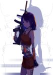  1girl absurdres android black_hair english_text gun highres holding holding_gun holding_knife holding_weapon knife original robot_joints shadow solo standing weapon white_background wishingkeeping 