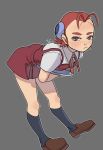  1girl absurdres antenna_hair breasts capella_titis closed_mouth commentary_request full_body highres looking_at_viewer nanja red_eyes redhead short_hair simple_background socks solo tetsuwan_birdy_decode thick_eyebrows waitress 