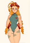  1girl antenna_hair arms_behind_back beret blonde_hair blue_eyes bodypaint braid breasts cammy_white camouflage commentary cowboy_shot david_liu elbow_gloves english_commentary gloves green_leotard hat highres leotard long_braid red_eyes sketch small_breasts smile solo street_fighter street_fighter_ii_(series) thighs twin_braids 