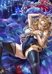  1girl ahri animal_ears arm_up bare_shoulders black_legwear blonde_hair bracelet breasts chair covered_navel crystal fox_ears gem heart high_heels jewelry kitsune league_of_legends leotard long_hair lying on_back parted_lips red_lips red_nails signature slit_pupils smile solo sparkle spread_legs tail thigh-highs tnwjd2tkfkd whisker_markings yellow_eyes 