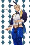  1boy adonis_belt animal_ears argyle argyle_background black_neckwear blonde_hair blue_jacket blue_legwear borrowed_design bow bowtie bulge bunny_boy bursting_pecs coattails fake_animal_ears fate/grand_order fate_(series) fishnets gawain_(fate/extra) highres jacket looking_at_viewer male_focus muscle outstretched_hand patterned_background rabbit_ears shiny_legwear shirt short_shorts shorts solo sparkle standplay suspender_shorts suspenders white_shirt 