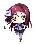  1girl bangs black_footwear black_neckwear black_ribbon black_skirt black_vest blue_shirt blush boots bow brown_eyes chibi closed_mouth collared_shirt dress_shirt eyebrows_visible_through_hair flower full_body hair_flower hair_ornament hairclip kuena long_hair long_sleeves love_live! love_live!_sunshine!! mole mole_under_mouth necktie open_clothes open_vest outstretched_arms pink_bow pleated_skirt purple_flower purple_legwear purple_rose redhead ribbon rose sakurauchi_riko shirt simple_background skirt sleeves_past_wrists smile solo spread_arms standing standing_on_one_leg swept_bangs thigh-highs thighhighs_under_boots very_long_hair vest white_background 