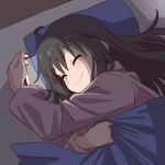  1girl ahoge bed black_hair blush cellphone closed_eyes holding holding_cellphone holding_phone kuraue_hinata lying on_side pajamas phone smile solo under_covers yama_no_susume yougiri 