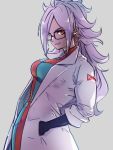  1girl android_21 black-framed_eyewear breasts checkered checkered_dress dragon_ball dragon_ball_fighterz dress earrings glasses hands_in_pockets hoop_earrings jewelry kemachiku labcoat long_hair looking_at_viewer medium_breasts orange_eyes red_ribbon_army solo white_hair 
