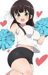  1girl bangs bike_shorts blunt_bangs blush bouncing_breasts breasts brown_hair cheering cheerleader gochuumon_wa_usagi_desu_ka? green_eyes hair_ribbon heart large_breasts long_hair midriff navel open_mouth pom_poms ribbon riyo_(aokiwazumi) solo tank_top thighs ujimatsu_chiya 