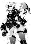  1girl amano_don bangs black_dress blindfold boots breasts cleavage_cutout covered_eyes dress feather-trimmed_sleeves feather_trim greyscale hairband highleg highleg_leotard highres juliet_sleeves katana large_breasts leotard long_sleeves mole mole_under_mouth monochrome nier_(series) nier_automata pod_(nier_automata) puffy_sleeves short_dress short_hair simple_background sword thigh-highs thigh_boots thighhighs_under_boots thighs weapon white_background white_hair yorha_no._2_type_b 
