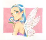  1girl bare_shoulders blue_hair blush chihiro_howe closed_mouth commentary_request fairy fairy_wings flower from_behind green_eyes highres holding holding_flower long_hair looking_at_viewer looking_back marker_(medium) original pink_background simple_background smile solo traditional_media upper_body watermark wings 