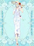  1girl adjusting_headwear blue_background blue_earrings bow braid brown_eyes dress flower hair_between_eyes hand_up hat hat_flower kerberos_blade l_(matador) long_hair sandals scrunchie simple_background solo standing sun_hat white_bow white_dress white_footwear white_hair wrist_scrunchie 