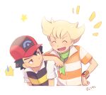  2boys ame_(ame025) ash_ketchum bangs barry_(pokemon) baseball_cap blonde_hair blush brown_eyes closed_eyes closed_mouth commentary_request green_scarf hat jacket male_focus multiple_boys open_mouth pokemon pokemon_(anime) pokemon_dppt_(anime) poketch red_headwear scarf shirt short_hair short_sleeves smile star_(symbol) striped_jacket sweatdrop tongue translation_request watch watch white_shirt |d 