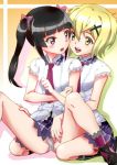  1000 2girls akatsuki_kirika black_hair blonde_hair blush breasts green_eyes hair_ornament hair_ribbon hairclip looking_at_another miniskirt multiple_girls necktie open_mouth panties pink_eyes red_neckwear ribbon school_uniform senki_zesshou_symphogear shiny shiny_hair short_hair sitting skirt small_breasts smile teeth tongue tsukuyomi_shirabe twintails underwear upper_teeth white_panties yuri 